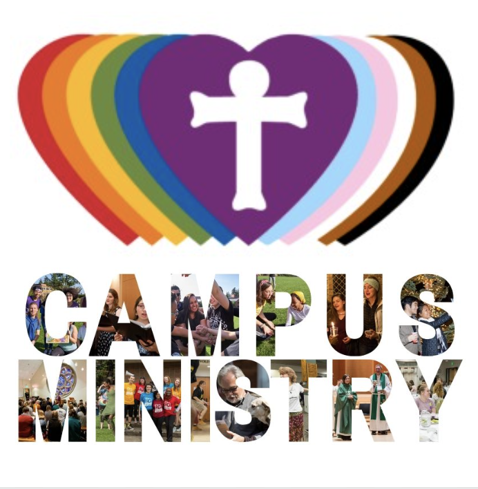 Rainbow Hearts with a Cross and "Campus Ministry" text in photos